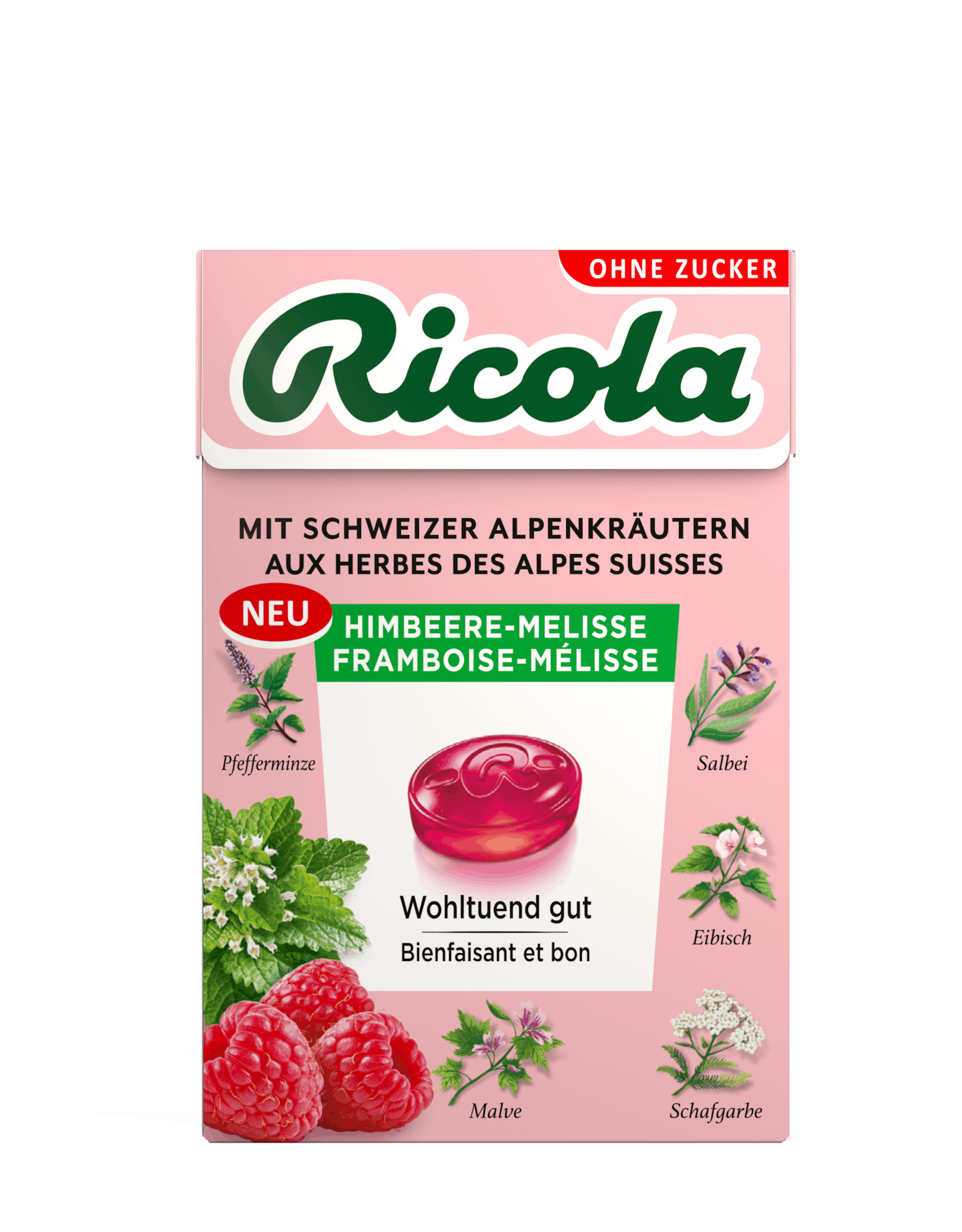 scatola di pastiglie al gusto di lampone e melissa